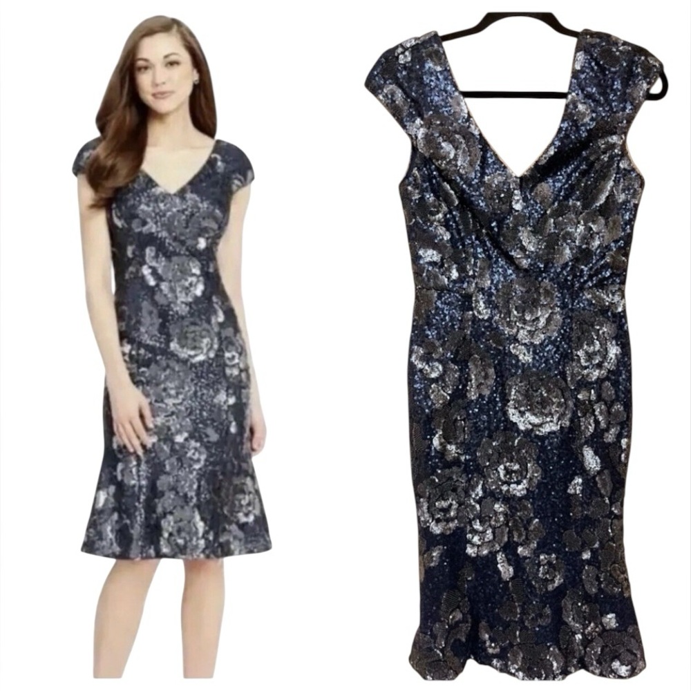 NWT Antonio Melani Hadley Dress Cap Sleeve V Neck Sequins Floral Navy Blue